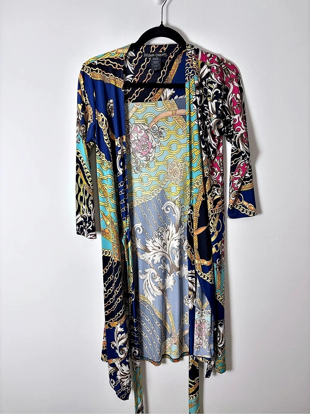 Julian Chang Baroque Chain Print Belted Wrap Duster Cardigan XS